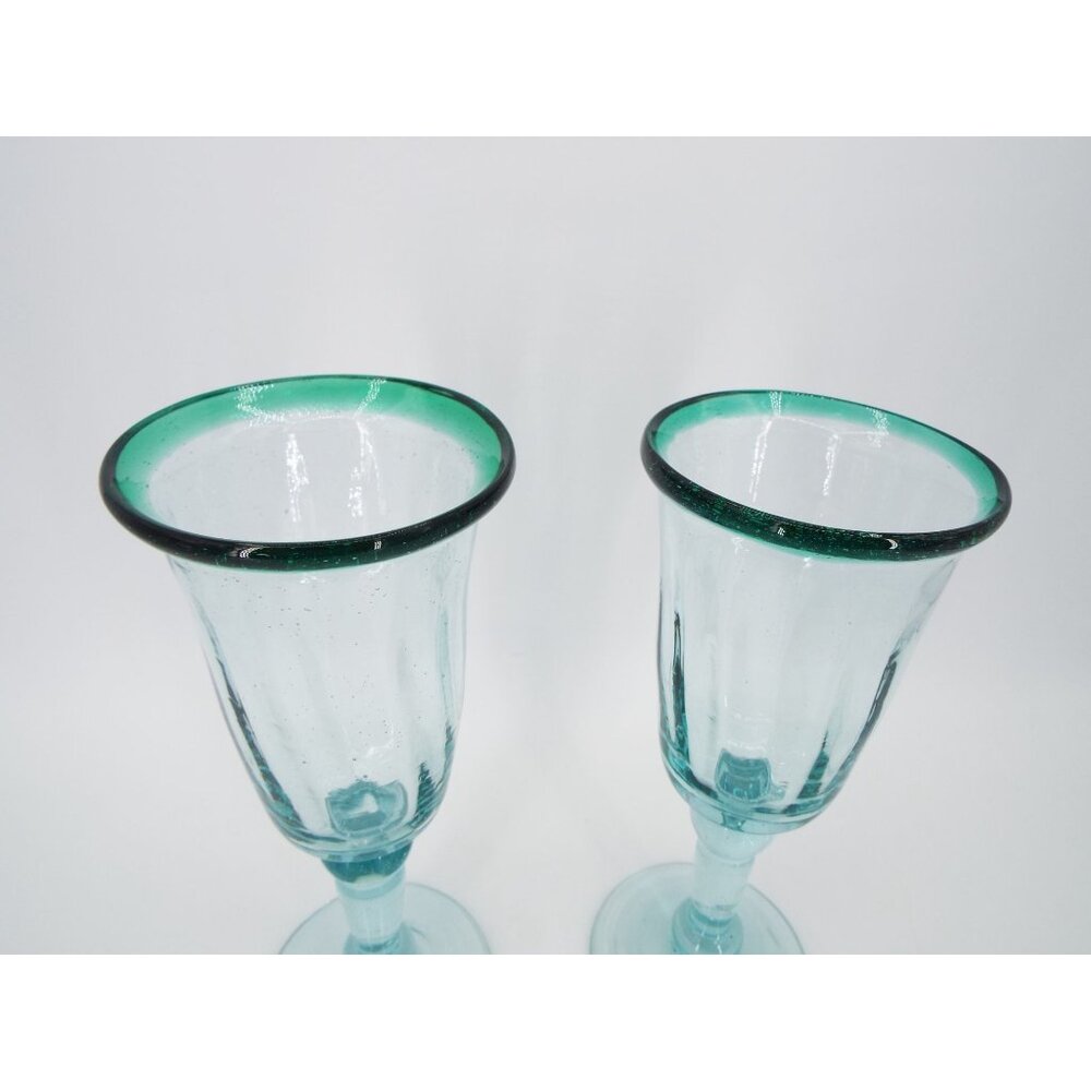 Pair of 7.25" Blown Glass Goblets Aqua Blue Green - Picture 2 of 6